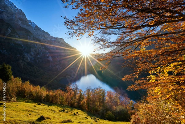 Fototapeta Herbstzauber Sonnenstrahlen Gegenlicht Herbstblätter Klöntalersee Berg blauer Himmel