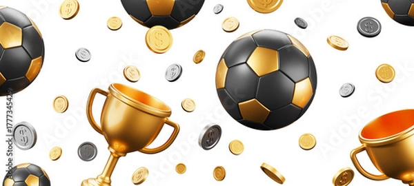 Fototapeta Floating golden trophies, stylized soccer balls, and silver-gold coins on white isolated background. Concept of championship rewards. 3D Rendering