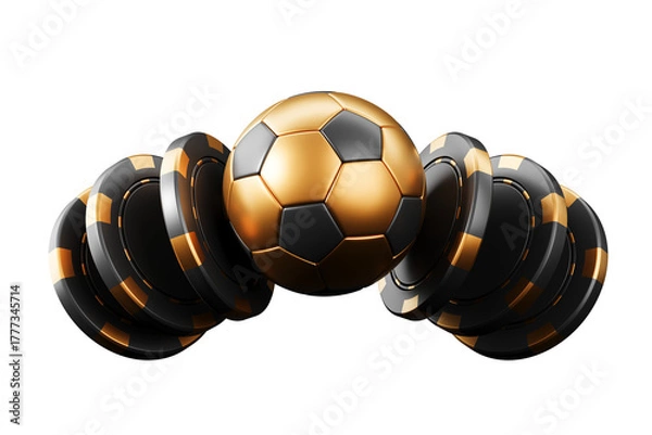 Fototapeta Golden soccer ball surrounded by casino chips isolated on white background, representing sports betting and gambling concept. 3D Rendering. 3D Rendering