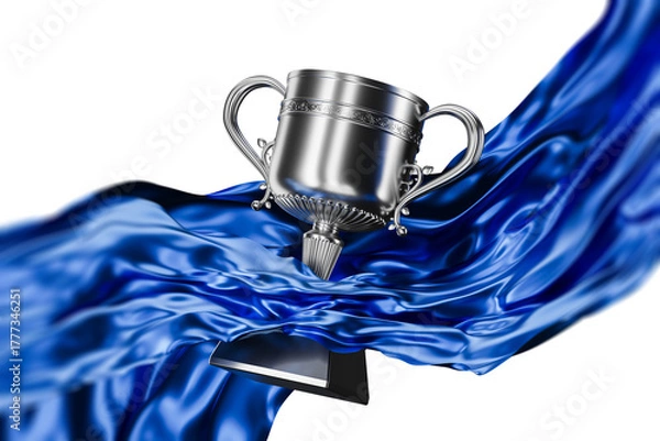 Fototapeta Silver trophy cup with decorative handles wrapped in flowing shiny blue silk fabric, 3D Rendering style on white background, luxury award concept