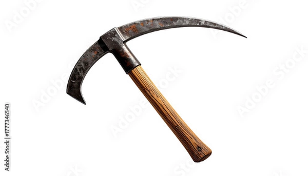 Fototapeta A rusty, curved blade tool with a wooden handle