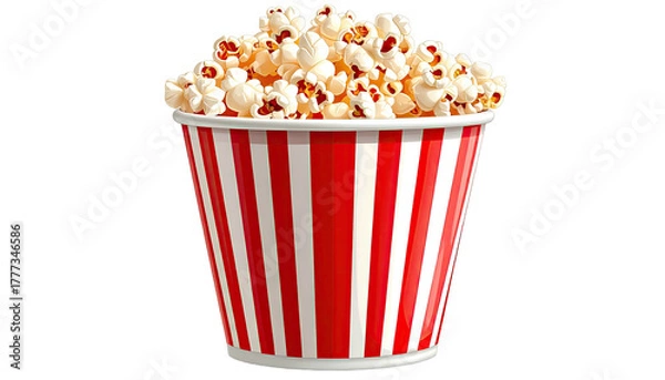 Fototapeta Popcorn overflows red/white striped container on black background