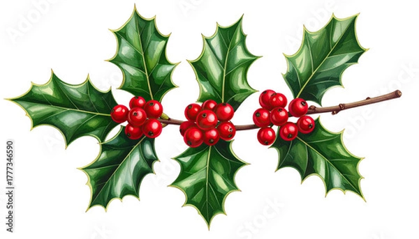 Fototapeta Holly sprig with red berries on a twig