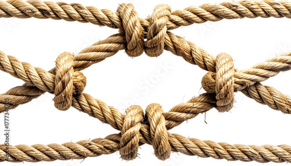 Fototapeta Woven ropes with knots form a diamond-shaped grid on black