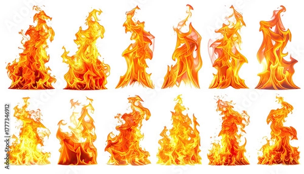 Fototapeta Twelve flames, orange, yellow, against black background, dancing