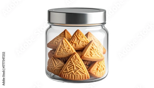 Fototapeta Glass jar filled with triangular, patterned cookies