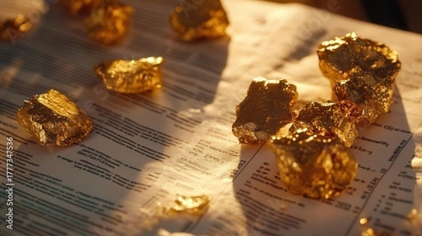 Fototapeta Closeup of pure gold nuggets on a financial report, symbolizing the natural purity and value in gold investments