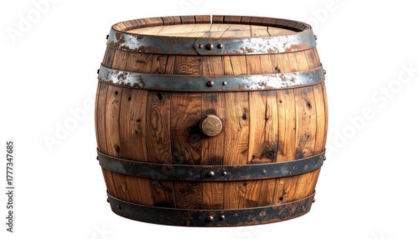 Fototapeta Rustic wooden barrel with metal hoops and bung