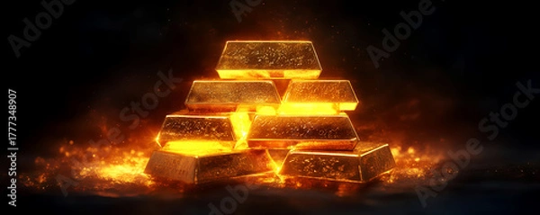 Fototapeta A stack of gold bars with a glowing aura, symbolizing purity and the timeless value of gold as an investment