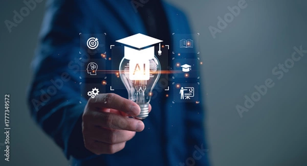 Obraz Businessman holding AI light bulb with graduation cap icon, representing artificial intelligence in education, smart learning systems, online courses, digital transformation and e-learning technology.