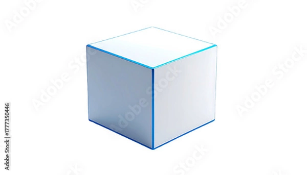 Fototapeta Simple white cube with bright blue edges against a black background