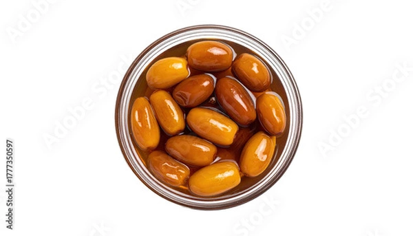 Fototapeta Overhead view of pickled oblong objects in a glass container