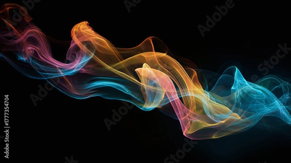 Fototapeta Abstract flowing colorful smoke with the black background. The image has a dreamy aesthetic, with a sense of movement and energy