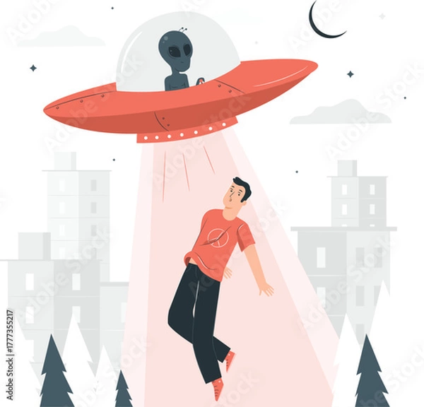 Fototapeta Alien Abducting a Man with a Spaceship Over a Cityscape abduction