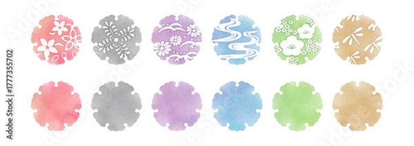 Fototapeta 雪輪 Japanese Modern stamp Watercolor Round Frame Set