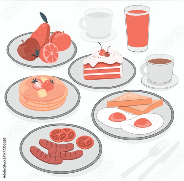 Obraz Assorted Breakfast Food and Drinks Flat Illustration meal morning