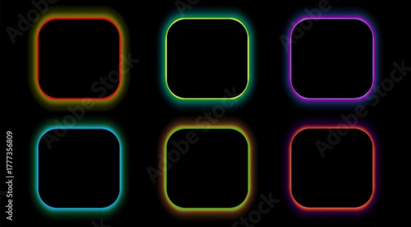 Fototapeta Square black frames with rounded corners and multi-colored LED panel. Neon glow effect. 3D vector on a black background.