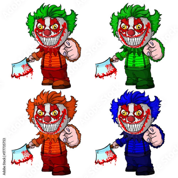 Fototapeta Set of evil clown holding a knif, face horror and crazy maniac.  Vector illustration.
