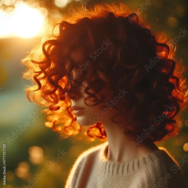 Obraz “Curly red hair shining in breeze, soft background, warm golden light.”