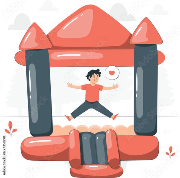 Fototapeta Boy Jumping on Inflatable Bounce House with Heart Icon on White Background vector illustration