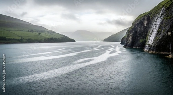 Obraz Serene panoramic view of a lake bordered by cliffs and green hills under a cloudy sky