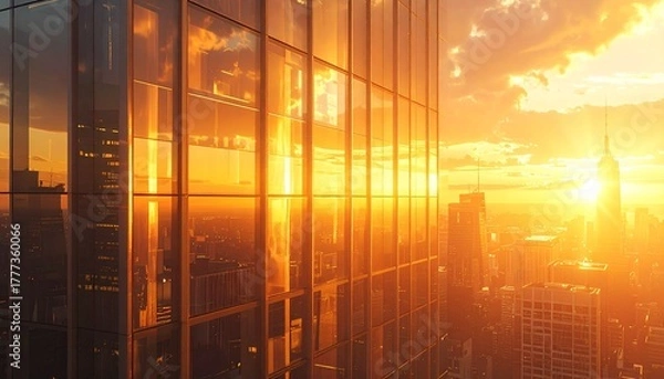 Obraz city sunset reflection skyscraper glass building facade golden light closeup modern architecture warm urban skyline evening tone