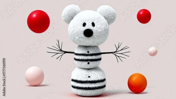Obraz A white teddy bear is standing on top of a snowman. The snowman is surrounded by several red and orange balls. The image has a playful and festive mood, as it depicts a winter scene with a cute