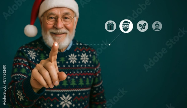 Fototapeta Smiling man in Santa hat touching glowing virtual Christmas icons symbolizing festive joy.