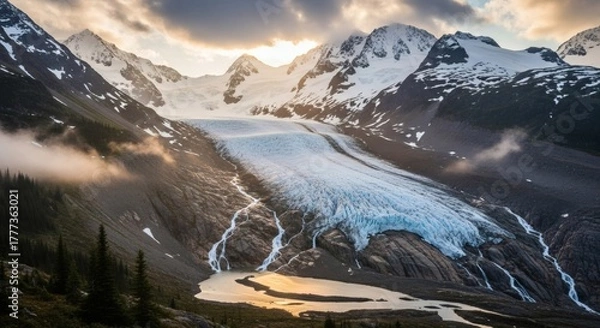 Fototapeta Glacier descends between rugged peaks, sunlight bursts through clouds. Landscape vista with water