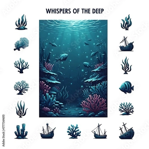 Fototapeta Vibrant underwater landscape illustration with colorful coral reefs, exotic fish, and luminous depths. Features isolated icons of diverse marine life and historic shipwrecks