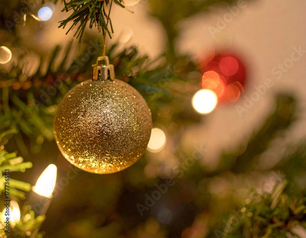 Obraz Close Up of Glittering Christmas Ornaments Hanging on a Tree with Warm Holiday Lights