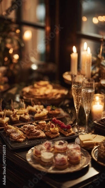 Fototapeta Elegant Winter Buffet with Pastries, Canapés and Champagne
