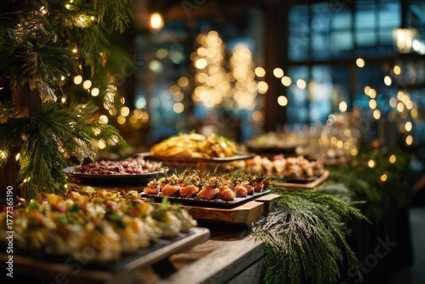 Fototapeta Gourmet Christmas Buffet with Elegant Appetizers and Festive Lights