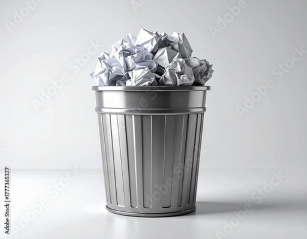 Fototapeta Silver waste bin overflowing with discarded crumpled paper, symbolizing errors, failed ideas, or environmental waste management