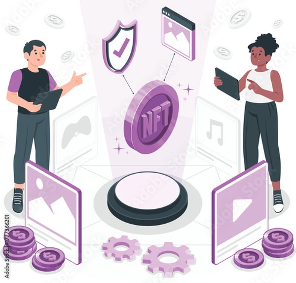 Obraz People interacting with NFT technology and digital assets non-fungible token cryptocurrency