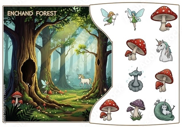 Fototapeta Magical Enchanted Forest Scene with Fairies and Unicorns, accompanied by whimsical mushroom characters and fantastical creatures, perfect for fantasy art and storytelling
