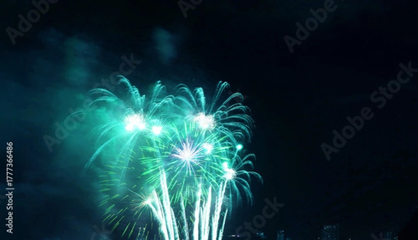 Fototapeta Stunning vibrant arctic blue fireworks exploding in the night sky