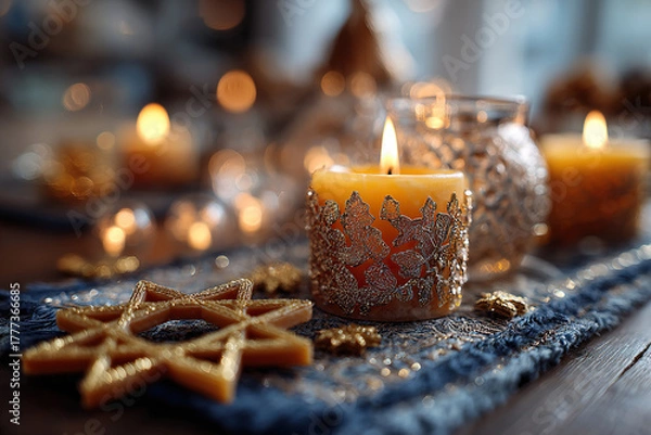 Fototapeta A close-up of a decorative candle burning on a festively decorated table against a golden bokeh background.