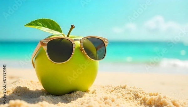 Obraz Fun summer concept of a green apple wearing sunglasses on the beach. Bright, creative, and eye-catching for lifestyle, health, and vacation themes.