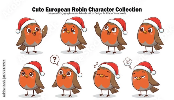 Fototapeta Collection of cartoon European Robin characters wearing Santa hats, displaying various emotions and poses.