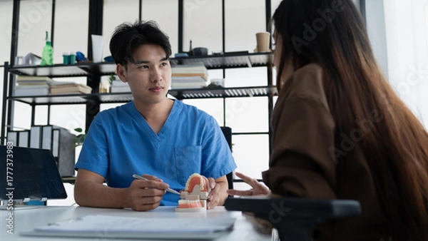 Fototapeta Dentist Examining Healthy Tooth Model While Consulting Patient