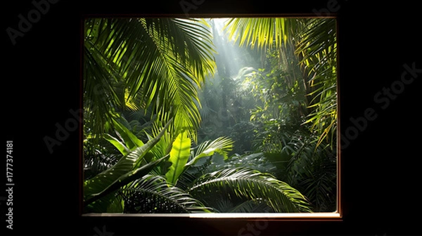 Fototapeta A window surrounded by lush green plants and leaves, looking out to a sunlit forest or garden.
