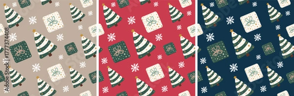 Fototapeta Minimalist Doodle Christmas Seamless Pattern Set. Hand Drawn Holiday Background Tile