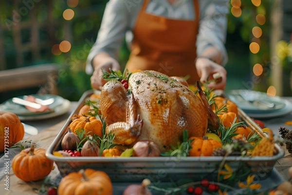 Fototapeta Thanksgiving feast with roasted turkey surrounded by pumpkins and herbs on a festive table