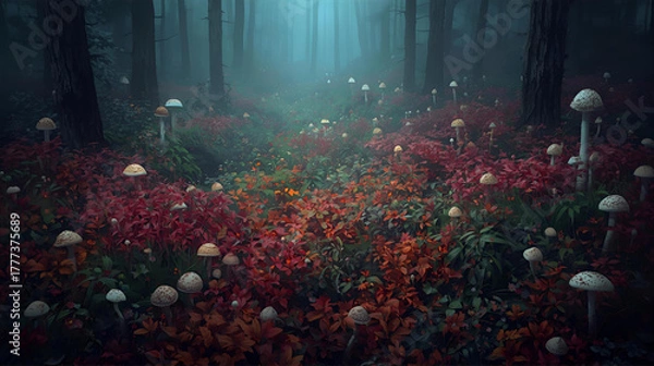 Fototapeta Abstract underwater bubbles with sunlight filtering through the green leaves of an autumn forest landscape.