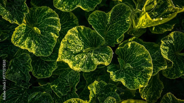 Fototapeta Close-up macro texture of fresh green organic leaves, showing growth and nature's vibrant spring color.