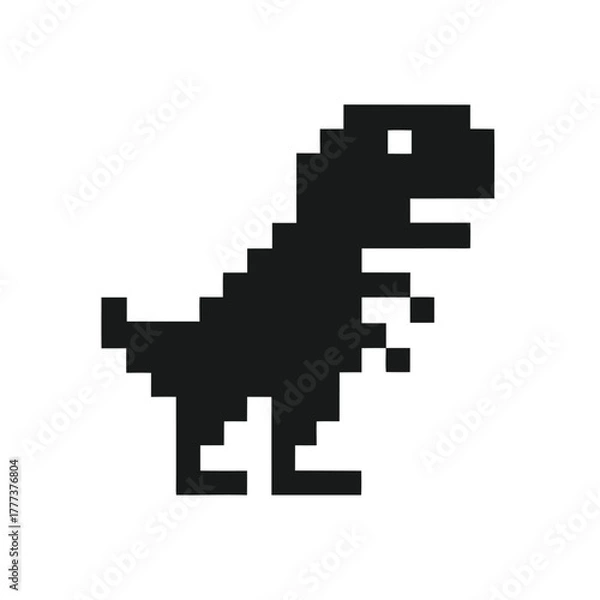 Fototapeta Pixelated Black Dinosaur Graphics on White Background 8bit Style