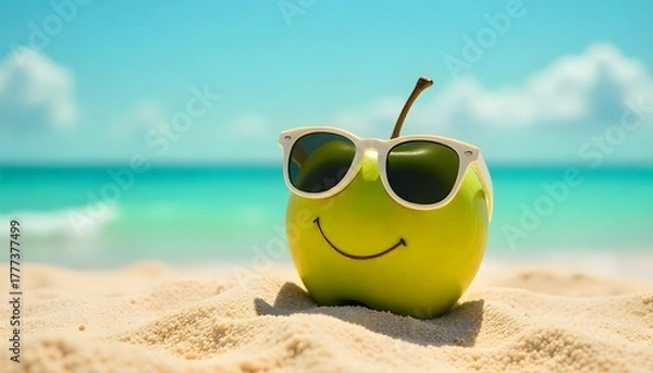Obraz Fun summer concept of a green apple wearing sunglasses on the beach. Bright, creative, and eye-catching for lifestyle, health, and vacation themes.