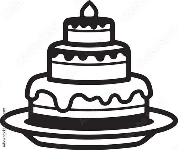 Fototapeta Black and White Outline of a Three Tiered Cake with Candle