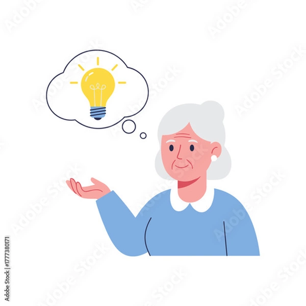 Fototapeta Elderly woman smiling while thinking of an idea with light bulb  